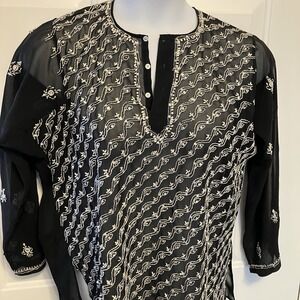 Barisal Shirt Women's Size 46 L/XL Black Sheer‎ Button Sequin Embroidered Blouse